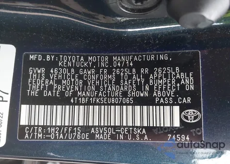 2014 Toyota Camry Se from USA, damaged, VIN 4T1BF1FK5EU807065